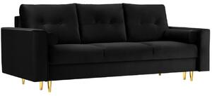 Fekete bársony háromszemélyes kanapéágy MICADONI LEONA 222 cm, arany alappal