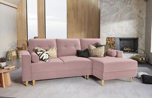Levendula rózsaszínű bársony sarok kanapéágy MICADONI LEONA 225 cm, arany színű talppal, jobbra