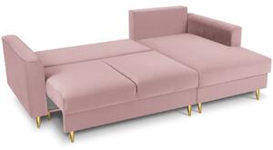 Levendula rózsaszínű bársony sarok kanapéágy MICADONI LEONA 225 cm, arany színű talppal, jobbra