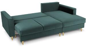Petrolkék bársony sarok kanapéágy MICADONI LEONA 225 cm, arany színű talppal, jobbra