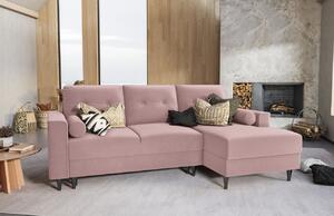 Levendula rózsaszínű bársony sarok kanapéágy MICADONI LEONA 225 cm, fekete talppal, jobbra
