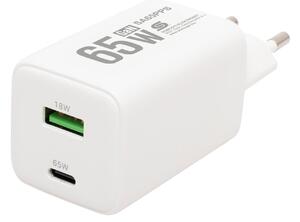 Home USB hálózati szupergyors töltő, 65Watt, 2in1: USB-A + USB-C aljzat, QC + PD + PPS gyorstöltés, GaN technológia (SA65PPS)