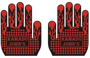 Hőálló grill kesztyű 1 pár fekete piros lángokkal, Kamado John's logóval (BBQ-GLOVES-RED-FLAMES)
