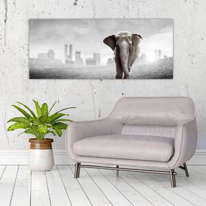 Kép -Elefánt egy nagyvárosban, fekete-fehér változat (120x50 cm)