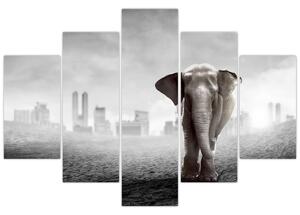 Kép -Elefánt egy nagyvárosban, fekete-fehér változat (150x105 cm)