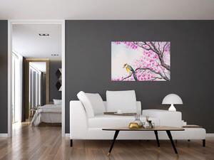 Kép - Madár egy fán rózsaszín virágokkal (90x60 cm)