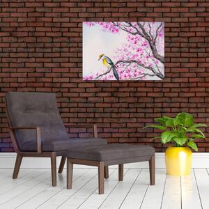 Kép - Madár egy fán rózsaszín virágokkal (70x50 cm)