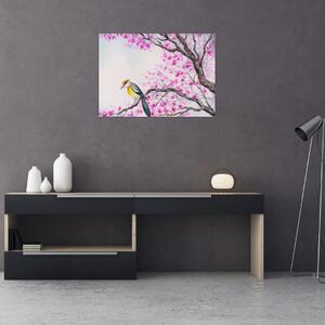 Kép - Madár egy fán rózsaszín virágokkal (70x50 cm)