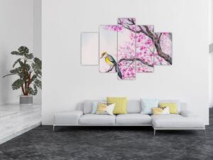 Kép - Madár egy fán rózsaszín virágokkal (150x105 cm)