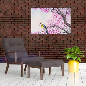 Kép - Madár egy fán rózsaszín virágokkal (90x60 cm)