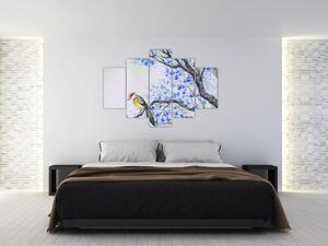 Kép - Madár egy fán kék virágokkal (150x105 cm)