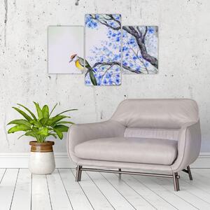 Kép - Madár egy fán kék virágokkal (90x60 cm)