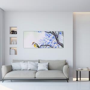 Kép - Madár egy fán kék virágokkal (120x50 cm)