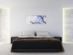 Kép - Madár egy fán kék virágokkal (120x50 cm)