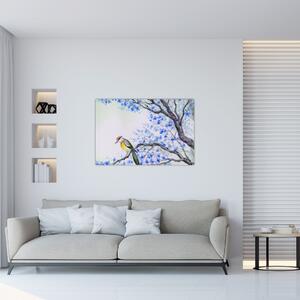 Kép - Madár egy fán kék virágokkal (90x60 cm)