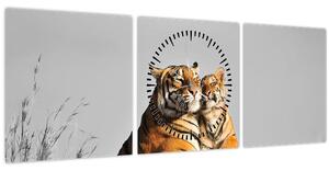 Kép - Tigris és a kölyke, fekete-fehér változat (órával) (90x30 cm)