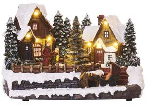 Dioráma-karácsonyi falu forgó karácsonyfával és lovaskocsival, melegfehér, 9 LED
