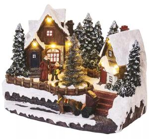 Dioráma-karácsonyi falu forgó karácsonyfával és lovaskocsival, melegfehér, 9 LED