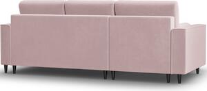 MICADONI Leona 225 cm-es rózsaszín bársony sarok kanapéágy, fekete talppal, balra/jobbra