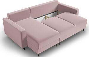 MICADONI Leona 225 cm-es rózsaszín bársony sarok kanapéágy, fekete talppal, balra/jobbra