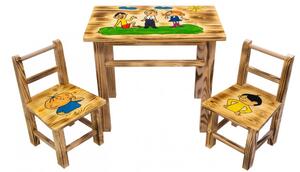 Gyerek fa asztalka motívummal + 2 szék