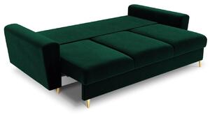 Sötétzöld bársony MICADONI MOGHAN kanapéágy 235 cm, arany alappal