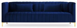 Sötétkék bársony háromszemélyes kanapé MICADONI ANNITE 220 cm arany alappal