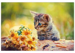 Macska képe ahogy a virágot nézi (90x60 cm)