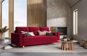Vörös bársony MICADONI LEONA háromszemélyes kanapéágy 222 cm, arany alappal