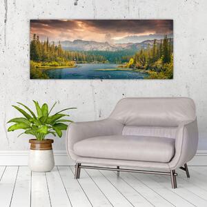 Egy kép a hegyi folyó és a hegyek (120x50 cm)