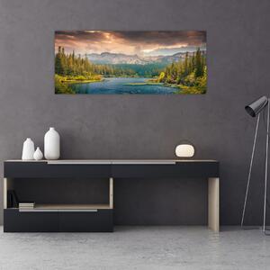 Egy kép a hegyi folyó és a hegyek (120x50 cm)