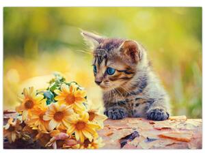 Macska képe ahogy a virágot nézi (70x50 cm)