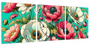 Kép - Virágok kék háttéren (órával) (90x30 cm)