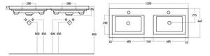 Sanovit ISIK 120 cm széles fali, pultba és bútorba építhető szögletes kerámia dupla mosdó