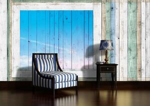 Fotótapéta - Fa deszkák - kék ablak (152,5x104 cm)