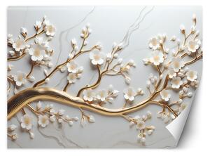 Gario Fotótapéta Fehér virágok egy arany ágon Anyag: Vlies, Méret: 200 x 140 cm