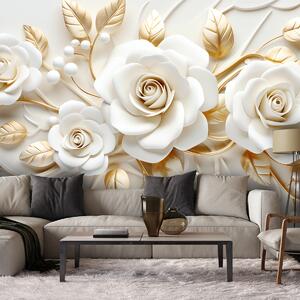 Gario Fotótapéta Fehér rózsák arany levelekkel Anyag: Vlies, Méret: 200 x 140 cm