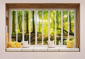 Fotótapéta - Napos kilátás az erdőre - ablak (152,5x104 cm)