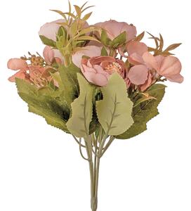 5 ágú hortenziás tearózsa selyemvirág csokor, 25cm magas - Púder rózsaszín