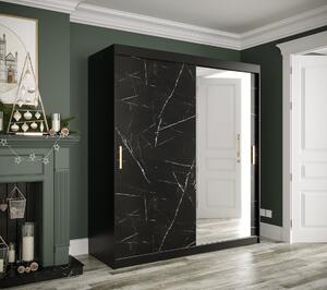 MAREILLE 3 tolóajtós gardrób szekrény tükörrel - 180 cm széles, fekete / fekete márvány