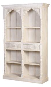 Mangófából készült dupla boltíves arab stílusú tömörfa polcos szekrény mosott fehér színben, Indiából