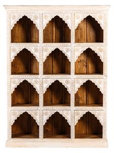 Mangófából készült 12 boltívvel díszített arab stílusú tömörfa polcos szekrény Indiából