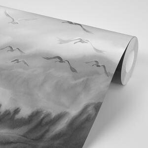 Öntapadó tapéta madarak repülése fekete-fehérben