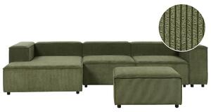 Kombinálható háromszemélyes jobb oldali zöld kordbársony kanapé ottománnal APRICA