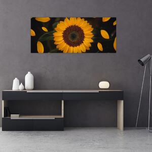Kép - Napraforgók és a virágszirmok (120x50 cm)