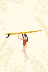 Illusztráció Surfer Girl Holding the Longboard Surfboard,, LucidSurf