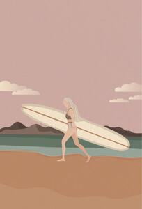Illusztráció Surfer girl walking on the beach, LucidSurf