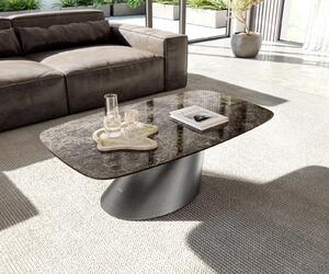 DELIFE Dohányzóasztal Edge hajóformájú 120x70 cm Laminam® Emperador kerámia extra fényes sötétbarna Conis metál ezüst
