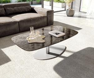 DELIFE Dohányzóasztal Edge hajóformájú 120x70 cm Laminam® Emperador kerámia extra polírozott sötétbarna Vibany rozsdamentes acél szálcsiszolt