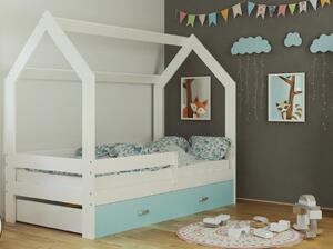 Tömör fenyő házikó gyerekágy fiókkal D3 160x80 cm tömör fa gyerekágy matrac nélkül - Fehér ágy/Kék fiókkal